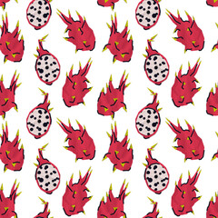 Bright seamless pattern with the dragon fruit, pitaya, pitahaya. Paper cut print, collage, background, design.
