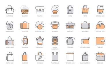 Bags line icon set. Purse types - tote, briefcase, fanny pack, shopper, luggage, plastic bag minimal vector illustrations. Simple outline signs for fashion app. Orange color. Editable Stroke
