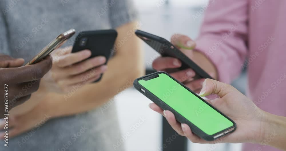 Aufkleber Phone, data and green screen with people standing in a huddle to connect to a mobile network. Contact, teamwork and information sharing with hands closeup in a circle to search while cloud computing