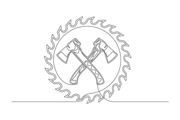 Continuous one line circular blade and axes. Vintage circular blade and axes. isolated on a white background. Carpentry concept. Vector illustration
