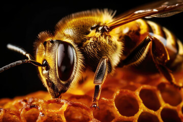 Bee, Wasp close-up Macro, 3D on dark honeycomb background. Generated Ai