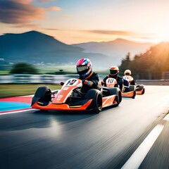 Group of young people racing on karting track at sunset (Ai Generated) - obrazy, fototapety, plakaty