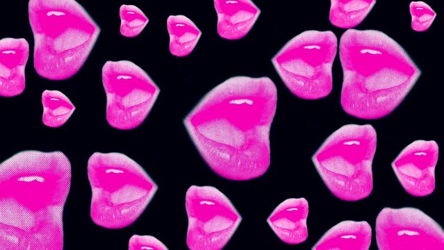 animation background with female pink lips or open mouth on a black background in pop art style
