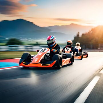 Group of young people racing on karting track at sunset (Ai Generated)