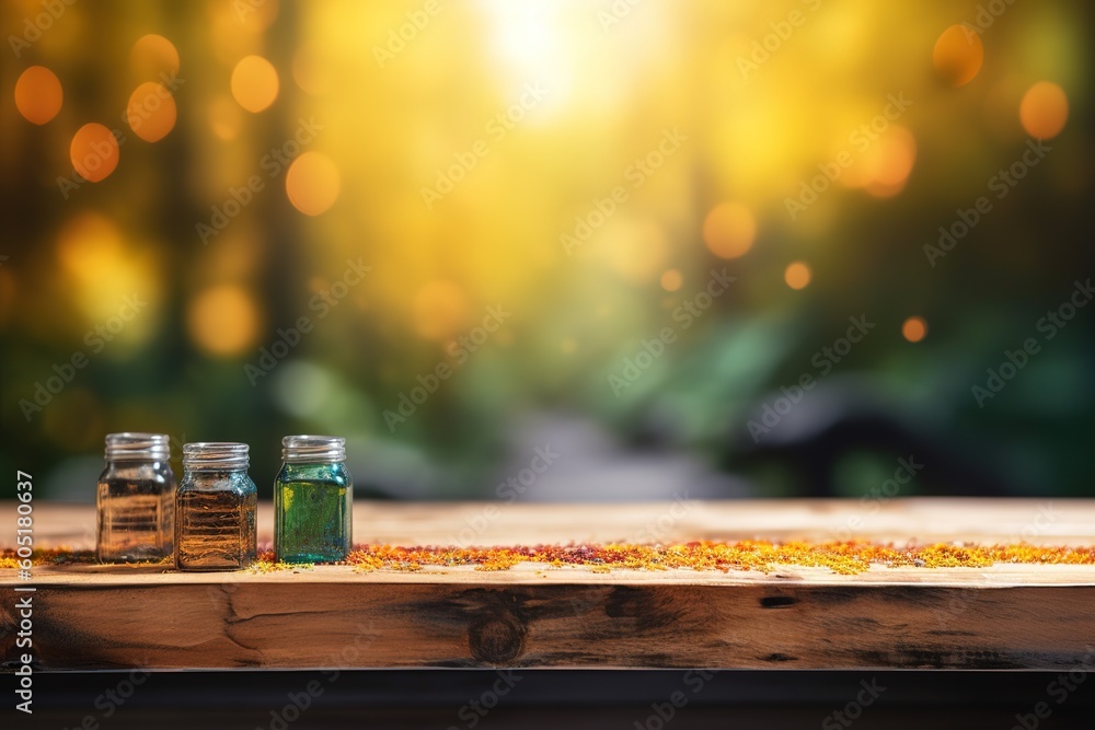 Poster a wooden table is home to three jars in its center. generative ai