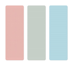 Set of three pastel colored sheets of note papers with rounded corners. Notepad. Memo. Vector illustration of colorful notepad sheets. Lined paper note. Checkered paper. Graph paper note. Rectangular.