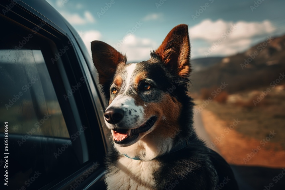 Poster a dog with its head poking out of the window of a moving vehicle generative ai