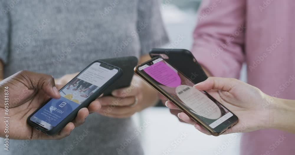 Aufkleber Phone, communication and data sharing with people standing in a huddle to connect to a mobile network. Contact, teamwork and information with hands closeup in a circle to search while cloud computing