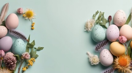 Top View of Happy Easter Day banner concept design of colorful eggs and plants on pastel background