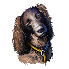 Saint-Usuge Spaniel dog portrait isolated on white. Digital art illustration of hand drawn dog for web, t-shirt print and puppy food cover design. Epagneul de Saint-Usuge, St-Usuge Spaniel.