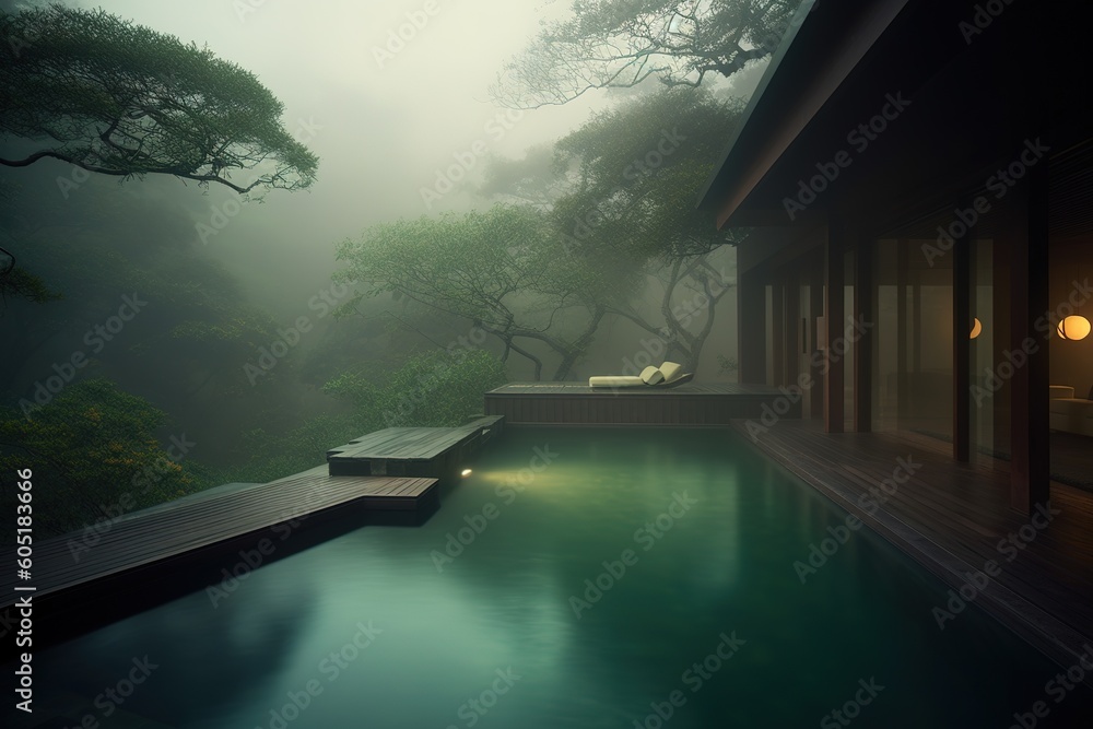 Poster a large pool with seating positioned next to it. generative ai