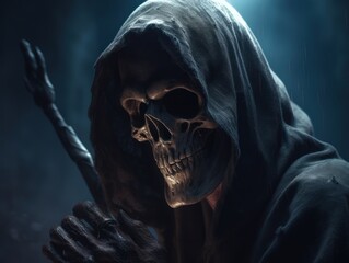 Halloween concept. Scary grim reaper skeleton in the forest Created with Generative AI technology