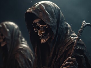 Halloween concept. Scary grim reaper skeleton in the forest Created with Generative AI technology