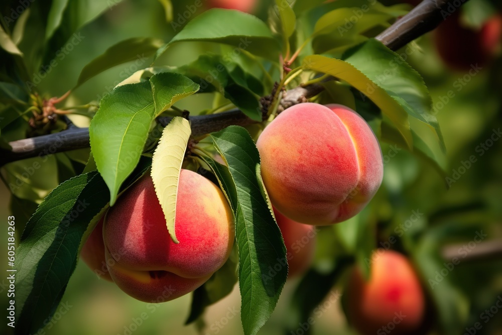 Poster a portion of a peach tree that is fully loaded with ripe fruit generative ai