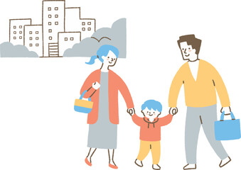 高いビルがある風景と3人家族_色