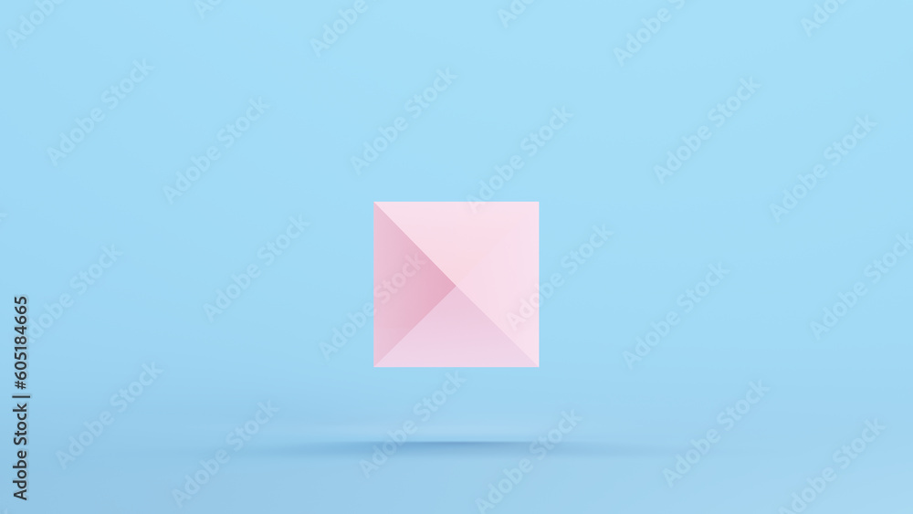 Poster pink pyramid floating geometric shape solid face structure kitsch blue background top view 3d illust