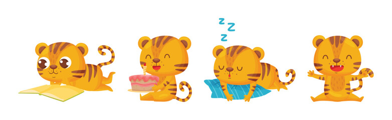 Cute Striped Tiger Engaged in Different Activity Vector Set