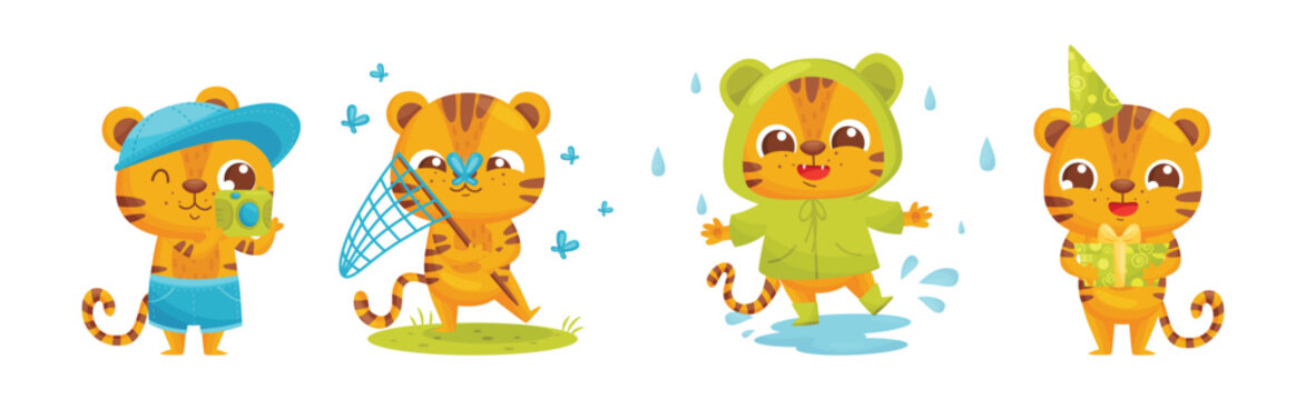 Cute Striped Tiger Engaged in Different Activity Vector Set