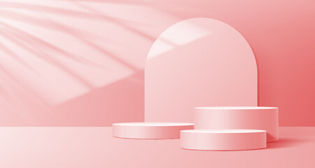 Pink or coral podium mockup. Realistic 3d vector pedestal for cosmetics presentation with a window shadow on wall. Elegant visual background for promoting women makeup, cosmetic or beauty products - obrazy, fototapety, plakaty