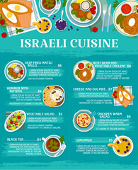 Naklejka premium Israeli cuisine restaurant menu page. Meat bean and vegetable cholent, vegetable salad and lemonade, deep fried matzo balls, chickpea warm salad and black tea, cheese and egg pies, hummus with matzah