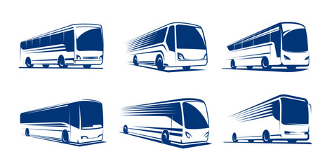 Travel bus icons, tour transport or public transportation service, vector emblems. Tourism or passenger travel trip bus icon for, city coach van station or airport express transfer or shuttle bus - obrazy, fototapety, plakaty