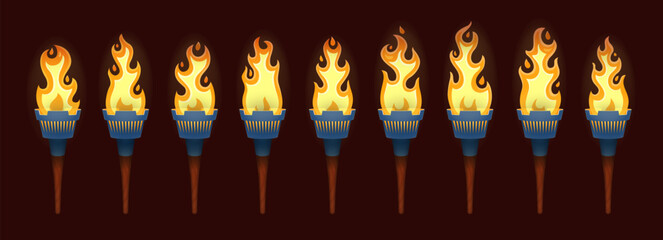 Torch animation sequence. Medieval fantasy or magic torch fire or hot flame motion cartoon vector animation frame loop or sequence, mobile app or arcade game isolated asset