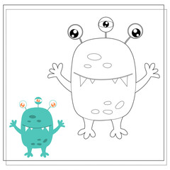 Coloring book for kids, cartoon monsters, aliens. Vector illustration on a white background
