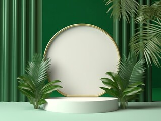 White product podium with green tropical palm leaves and a golden round arch on a green wall