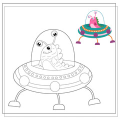 Coloring book for kids, cartoon monsters, aliens in a flying saucer. Vector illustration on a white background