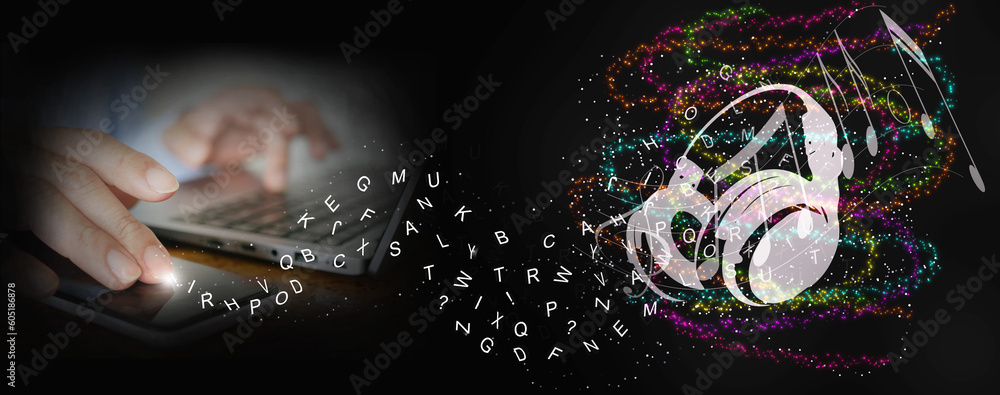 Poster text to music concept by generative ai. language audio model technology. hands using smartphone and 
