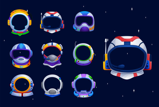 Kids astronaut space helmets, photo booth prop vector mockups. Cartoon spaceman helmets, astronaut space suit masks with antennas, microphones and oxygen tubes photo booth frames for kids party