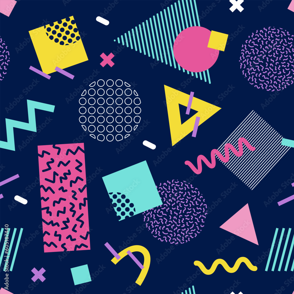 Wall mural abstract seamless pattern 80s 90s with geometric shapes in the memphis style. vector retro hipster p