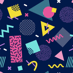 Obraz premium Abstract seamless pattern 80s 90s with geometric shapes in the Memphis style. Vector retro hipster print