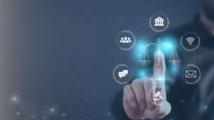 Internet law concept.Cyber Law as digital legal services Labor law, Lawyer, on Dark Blue blurred background.