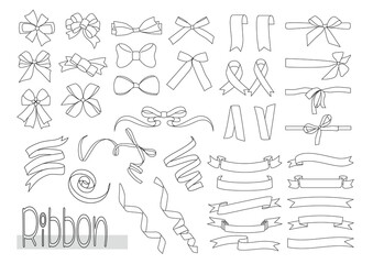 シンプルなリボンとリボンフレームのイラストセット、線画、PNG、黒線