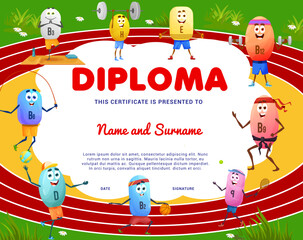 Kids diploma, cartoon vitamin characters on sport arena, vector certificate award. School or kindergarten diploma award with funny vitamins in sport activity, play basketball or on fitness and gym