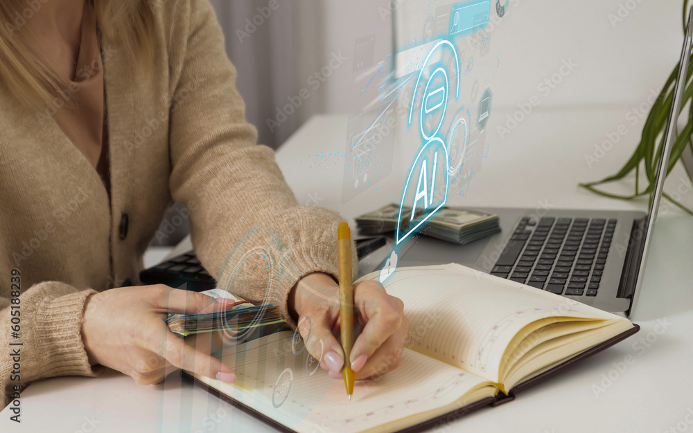 Poster woman using computer chatting with an intelligent artificial intelligence asks for the answers wants
