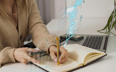 Woman using computer chatting with an intelligent artificial intelligence asks for the answers wants. knowledge on the internet, e-learning, ChatGPT Chat with AI or Artificial Intelligence technology