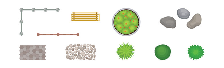 Bush, Stone Walkway, Bench and Fence as Landscape Elements Above View Vector Set