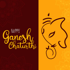 Fototapeta premium Indian Festival Happy Ganesh Chaturthi Vector Illustration Hand Drawn Creative Design & Background With Line Art Ganesh ji & Typography