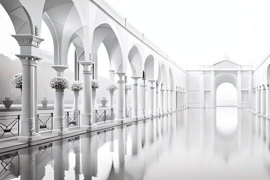 architecture with white columns and arches with reflection in water (Ai Generated)