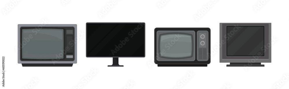 Poster retro television set or television receiver with display for viewing and hearing television broadcas