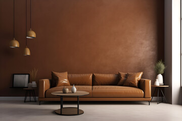 Fototapeta premium Modern classic interior of living room, brown vintage sofa and marble table on warm tone wall panels and concrete wall. Generative AI 3d illustration.