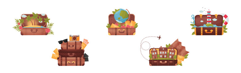 Travel Suitcase and Trunks with Vacation Symbols Vector Set