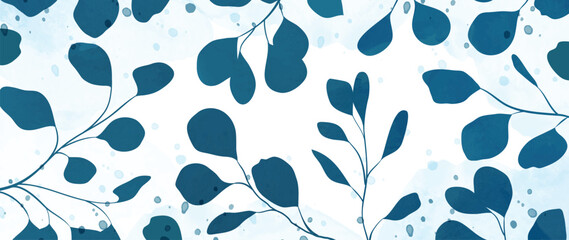 Abstract botanical art background vector. Watercolor hand drawn leaf branches, foliage, indigo blue. Design illustration for wallpaper, banner, print, poster, cover, greeting and invitation card. - obrazy, fototapety, plakaty
