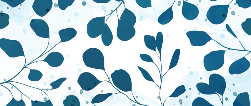 Abstract botanical art background vector. Watercolor hand drawn leaf branches, foliage, indigo blue. Design illustration for wallpaper, banner, print, poster, cover, greeting and invitation card.