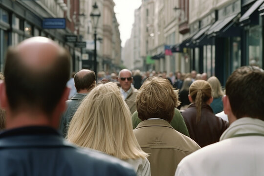 back view of Heads of shoppers and commuters in a busy urban street scene