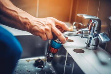 Plumber at work in bathroom. Plumbing repair service on broken sink. Generative AI