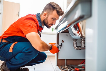 Young plumber at work in house. Professional plumbing repair service handyman doing maintenance work on sink. Generative AI - obrazy, fototapety, plakaty