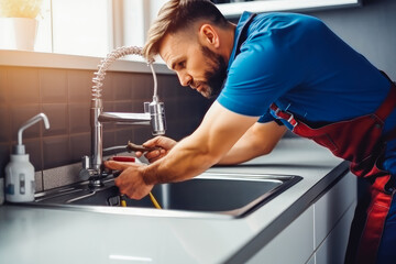 Young plumber at work in house. Professional plumbing repair service handyman doing maintenance work on sink. Generative AI - obrazy, fototapety, plakaty